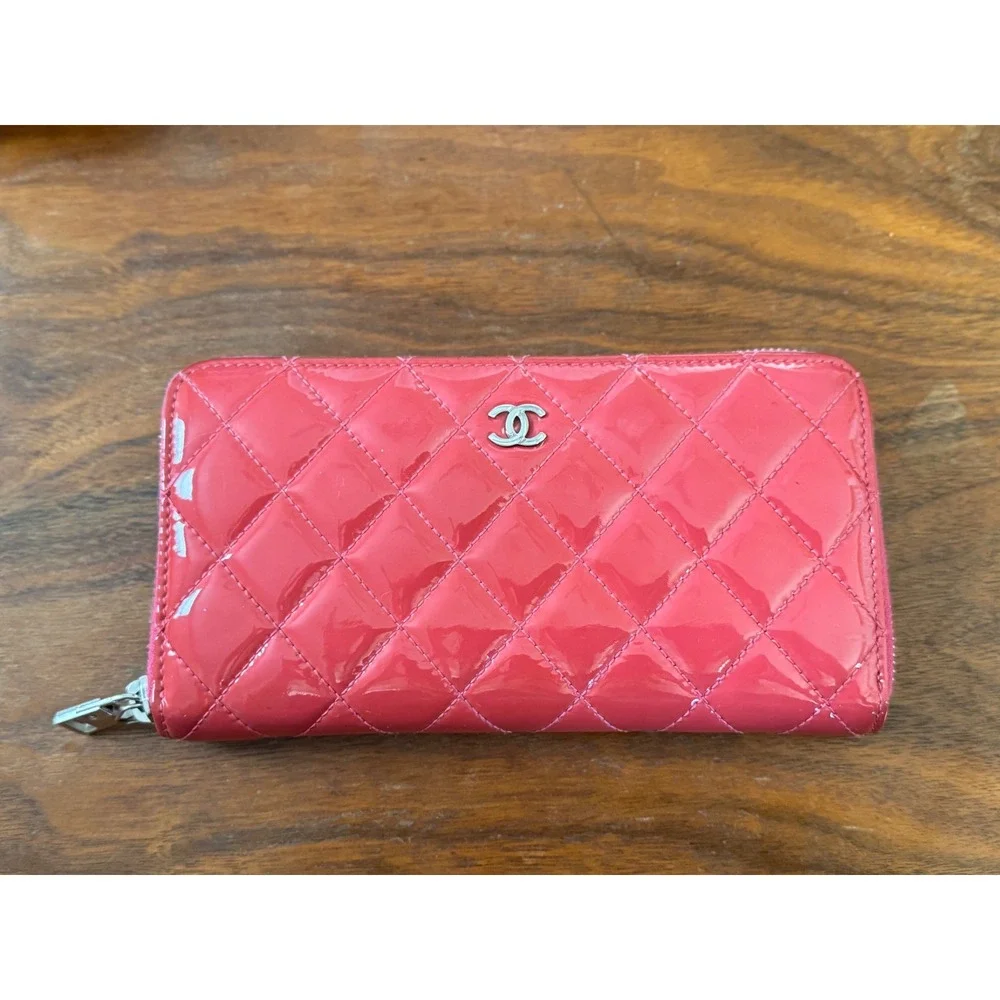 Chanel Brilliant Zip Around Long Wallet Pink Quilted Patent Leather CC Logo